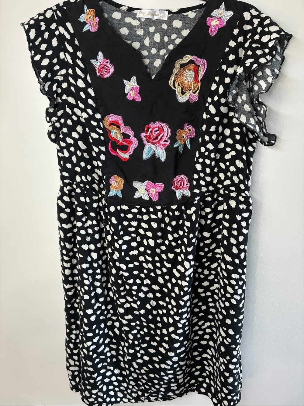 Embroidered Black & White Midi Dress with Floral Accent
